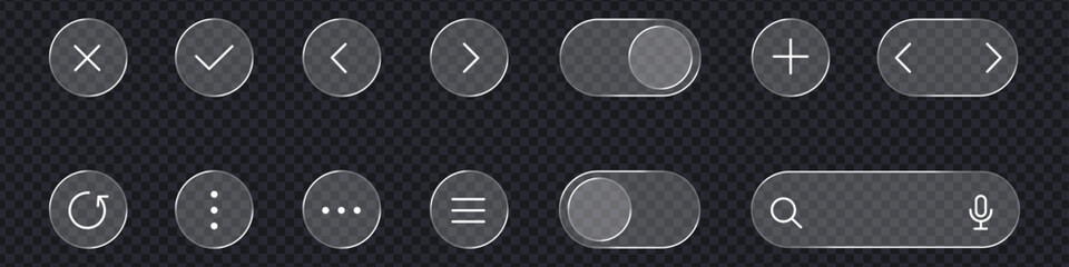 Glassmorphism UI icon set with transparent frosted glass buttons. Minimalist web interface elements including toggles, search bar, and navigation symbols. Vector Illustration. © MdNurul
