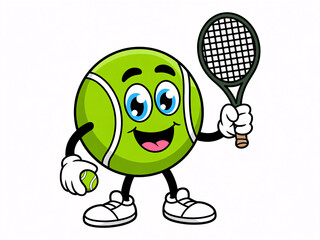 Obraz premium A cartoon tennis ball character holding a racket and smiling with excitement