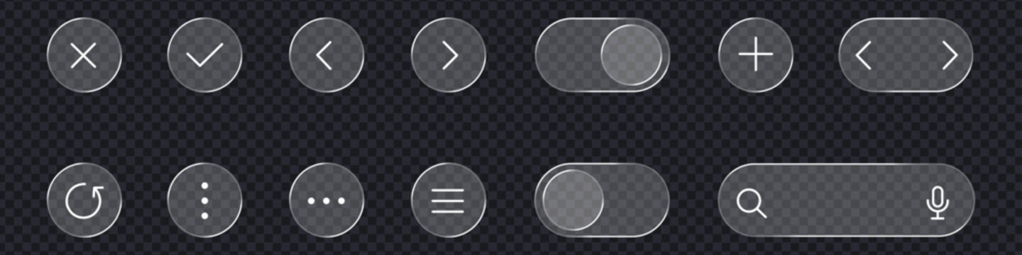 Glassmorphism UI icon set with transparent frosted glass buttons. Minimalist web interface elements including toggles, search bar, and navigation symbols. Vector Illustration.