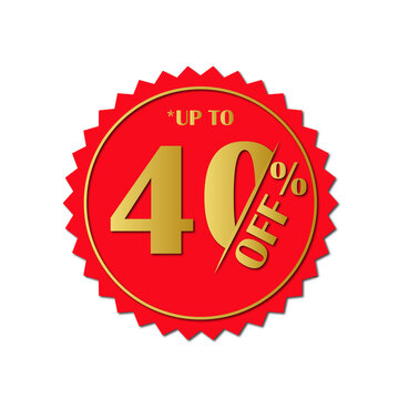 Up to 40% Off Sale Badge &ndash; Red Circular Discount Seal Label Design,Red Color Creative Sale Tag Design,transparent background high resolution PNG.