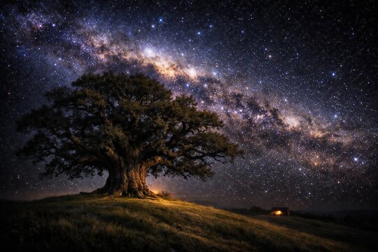 A solitary Quercus robur on a hill under a starry sky filled with the Milky Way. Gnarled branches, hyper-realistic bark texture, and subtle warm light from a distant window