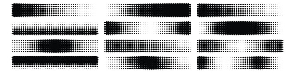 Abstract black halftone dot horizontal bar and line collection. Set of varied linear stipple gradient textures for modern graphic design. Vector Illustration. © MdNurul