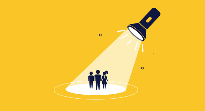Black flashlight shining a bright yellow beam of light on silhouettes of three people on a yellow background.