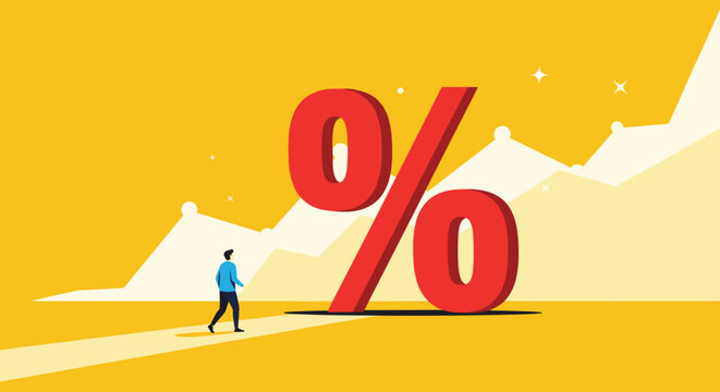 Small silhouette of a businessman walking towards a massive red percentage symbol against a background of mountains and stars.