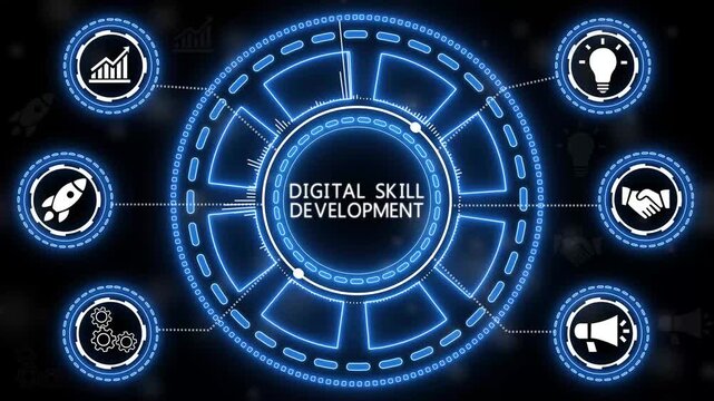 Animated digital skill development graphic illustrating innovation and professional growth..4k Animation.