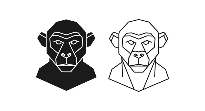 Monkey head icons, black and white line art, primate illustrations, vector graphics