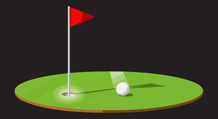 Fototapeta premium Minimalist golf course vector illustration, white golf ball on green putting grass, red flag in hole cup on black background