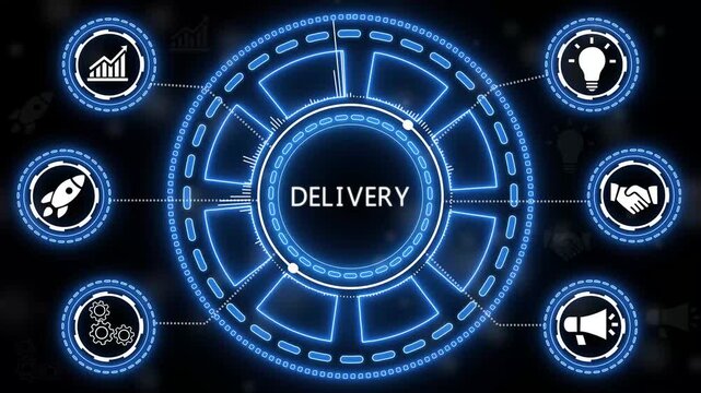 Animated neon infographic illustrating digital delivery processes and business success.4k Animation.