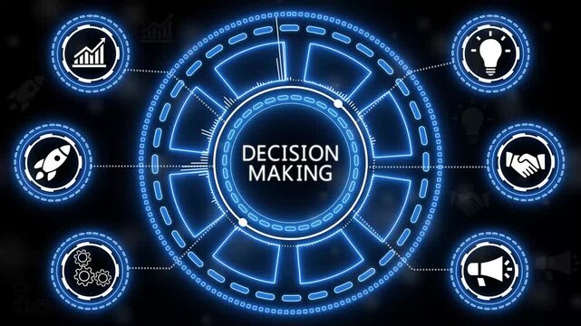 Business decision making process concept illustrative diagram with relevant icons displayed.4k Animation.