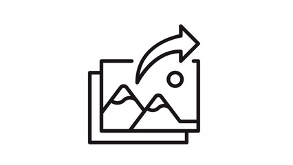 Photo sharing vector icon, minimalist black line illustration of stacked picture frames with a curved export arrow, scalable graphic symbol for media upload and social networking apps. © Md