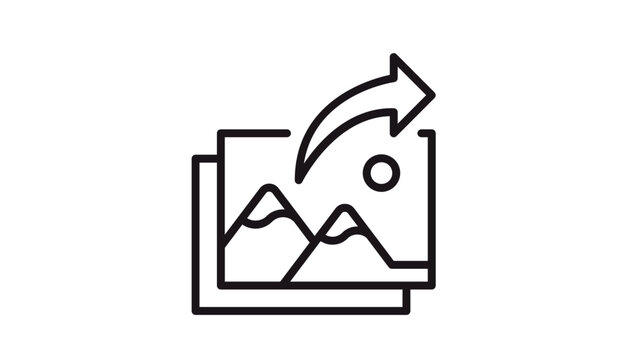 Photo sharing vector icon, minimalist black line illustration of stacked picture frames with a curved export arrow, scalable graphic symbol for media upload and social networking apps.
