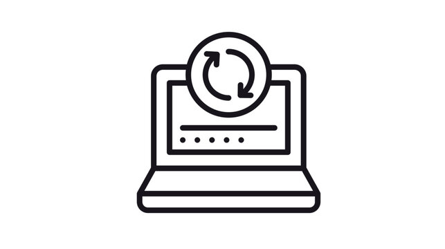 Laptop computer with refresh and sync circular arrows icon vector illustration, software update or system reboot process symbol, minimalist black outline graphic for web and app design.