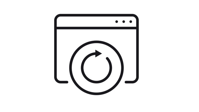 Minimalist black vector icon of a web browser window with a circular refresh arrow in the center. Scalable line art illustration representing page reload, update, restart, and internet browsing.