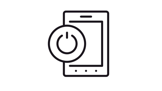 Minimalist black line vector icon of a smartphone with a power button symbol, illustrating mobile device shutdown, restart, or energy management. Scalable technology graphic on white background.