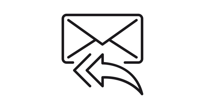 Minimalist black line vector icon of an envelope with a double-headed arrow pointing left, symbolizing the reply all or forward message function in digital email communication, illustration.