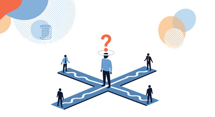 Fototapeta premium Silhouette of a man at a crossroad with a question mark over his head while four other figures stand at the path ends.