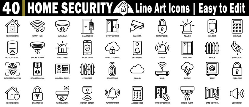 Home security line art icons set. Includes a secure home smart hub surveillance camera, smart lock, entry sensor alarm sensor, and more vector illustrations.