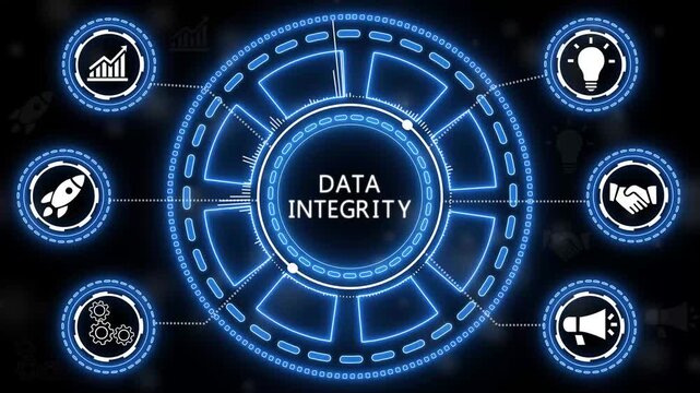Data integrity concept with neon glowing elements on dark background for business applications.4K Animation.