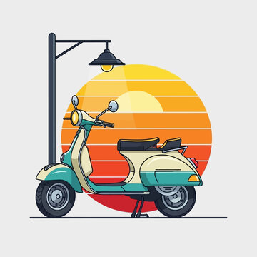 Retro Scooter Parked Under Streetlight Against Sunset Stripes Background