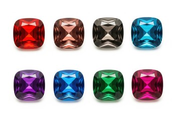 Fototapeta premium A collection of colorful gemstones arranged in two rows on a white background