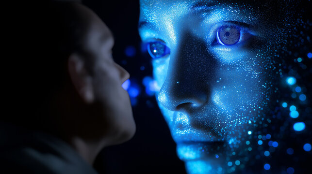 Small human figure facing oversized artificial intelligence projection emphasizing scale, influence and future of AI.