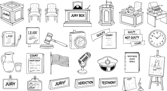 Legal Courtroom and Justice Icons: Jury Box, Gavel, Scales, Bible, Law Documents