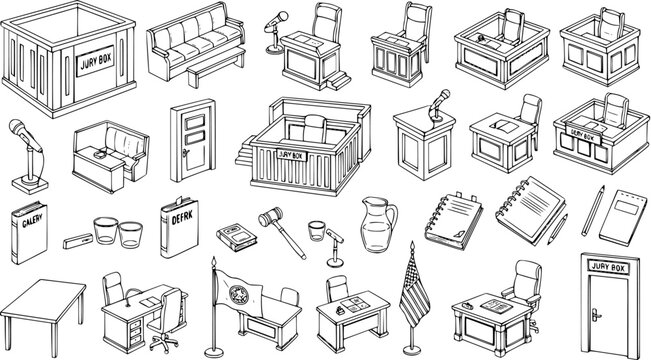 Collection of Courtroom and Legal Icons: Jury Box, Gavel, Desk, Flag, and More