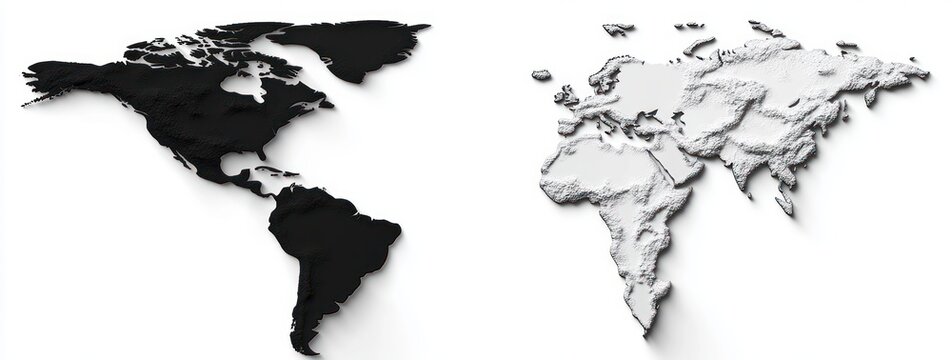 Contrasting black and white 3D textured maps showing the Americas and Afro-Eurasia on a clean white background, evoking modern minimalism and stark duality