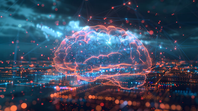 Vertical glowing digital human brain with neural network particles and bokeh light on blue background, concept for artificial intelligence, deep learning and cognitive technology.