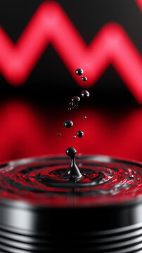 Black oil splash with droplets and red downward graph symbolizing falling crude oil prices and market decline.