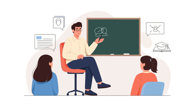 Teacher Explains Lesson to Students in Classroom with Blackboard and Icons