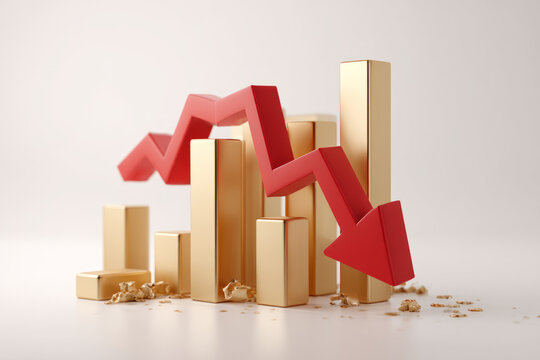 red arrow pointing down and gold bars on a white background with a graph illustration going down, downtrend price