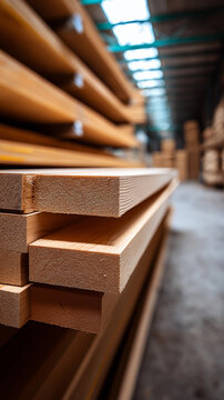 Stacked wooden planks in a sawmill warehouse representing timber industry and construction materials.