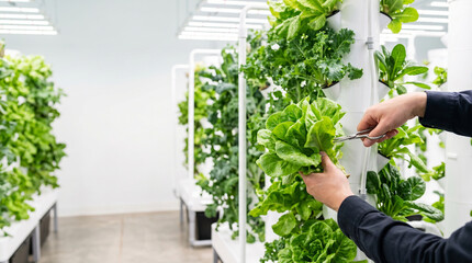 Fototapeta premium Hands harvesting fresh greens from indoor hydroponic farm