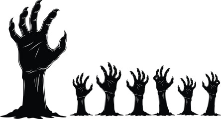 Fototapeta premium Creepy Zombie Hands Rising from Ground Silhouette Set Featuring Horror Undead Arms, Spooky Halloween Elements, and Scary Grasping Shapes in Dark Vector Style.