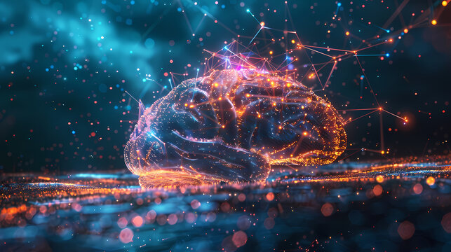 Vertical glowing digital human brain with neural network particles and bokeh light on blue background, concept for artificial intelligence, deep learning and cognitive technology.
