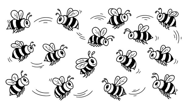 Playful doodle bee vector set with hand drawn cartoon bees in black and white outline style