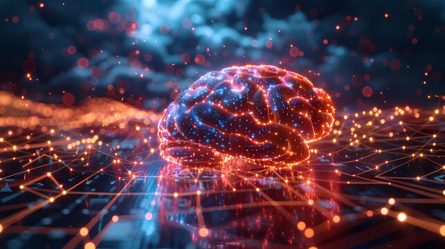 Vertical glowing digital human brain with neural network particles and bokeh light on blue background, concept for artificial intelligence, deep learning and cognitive technology.