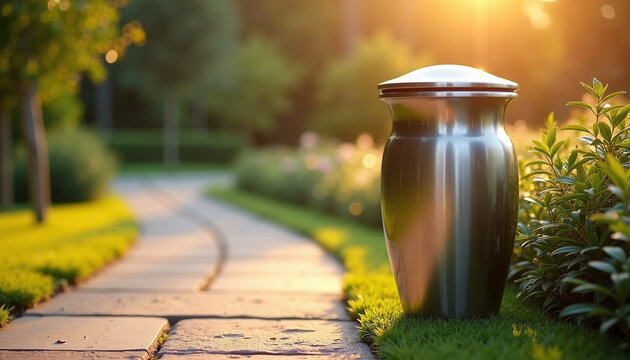 Modern outdoor trash can beside stone pathway in tranquil garden at sunset. Trash can design complements serene garden atmosphere with lush grass and flowering plants.