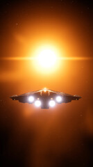 Fototapeta premium Spaceship flying toward a bright sun in outer space with dramatic lighting.