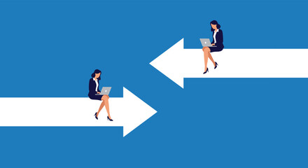 Obraz premium Two professional businesswomen sitting on large arrows pointing in opposite directions representing different career paths.