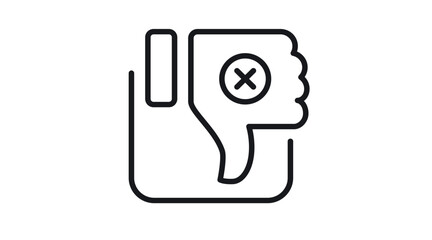 Minimalist black line art vector icon illustration of a thumbs down hand gesture with a cross mark symbol, representing dislike, negative feedback, rejection, disapproval, and failure. © MDRasel