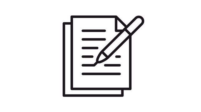 Black minimalist vector icon illustration of a document with a pen, representing writing, editing, signing a contract, or note-taking. Clean outline symbol for office, business, and education.