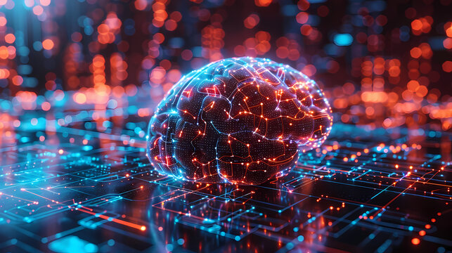 Futuristic AI glowing brain with digital neural network and HUD holographic interface on dark blue background, concept of machine learning and big data technology.