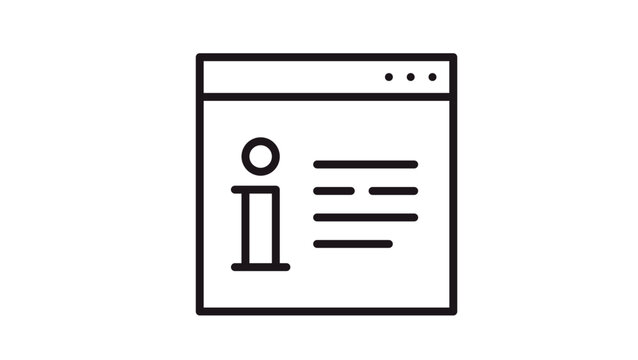 Minimalist black line vector icon illustration of a web browser window containing an information symbol and text lines, representing online help, documentation, support, and digital info resources.