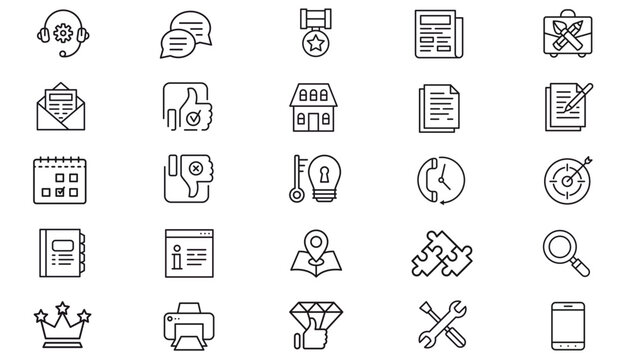 25 Vector Icon Set Bundle, Black Minimalist Line Art Symbols for Business, Web, and Office. Includes Newspaper, Mail, Support, House, Calendar, Target, Map, Tools, Search, Mobile, and Creative Icons.