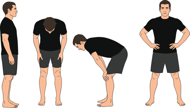 Man body posture set, standing and bending poses, male anatomy reference, fitness exercise positions, human figure illustration isolated vector