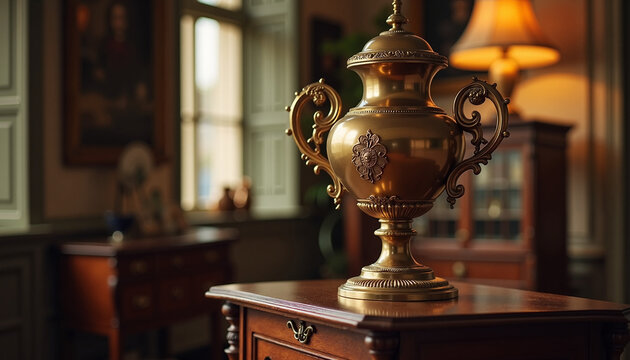 Antique brass samovar on wooden table in vintage room with warm lighting. Samovar serves as decorative centerpiece in elegantly designed interior space. Concept antique decor for home styling.