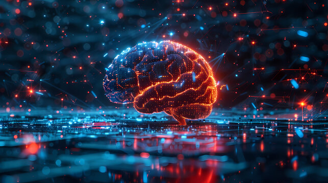 Futuristic AI glowing brain with digital neural network and HUD holographic interface on dark blue background, concept of machine learning and big data technology.