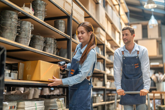 Asian female warehouse employee using barcode scanner for inventory management, E-commerce SME business owner checking retail stock distribution, Commercial logistics and shipping supply chain concept